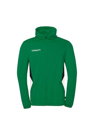 Grüner Kapuzenpullover mit durchgehendem Reißverschluss, langen Ärmeln, Fronttaschen, schwarzen und weißen Seitenpaneelen und "uhlsport"-Logo auf der Brust.