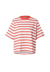 Rot-weißer gestreifter Baumwoll-T-Shirt mit Rundhalsausschnitt, kurzen Ärmeln und lockerer Passform, mit geradem Saum am unteren Ende.