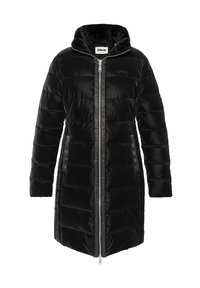 Abrigo acolchado negro con capucha, cierre de cremallera, diseño acolchado, bolsillos laterales y forro interior suave y texturizado.