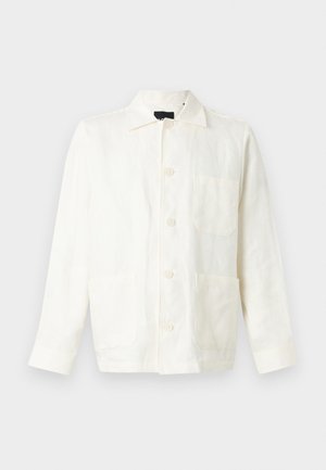 Balta pogāzējama jaka ar apkakli un trim priekšējiem kabatām, attēlota uz neitrāla fona.