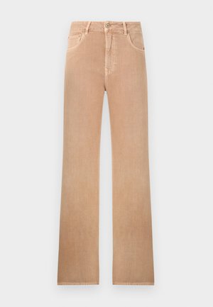 Rovné rifle s vysokým pásom v svetlohnedej farbe s predným zapínaním na gombík, zipsom, pútkami na opasok a dizajnom s piatimi vreckami.