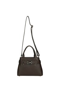 Sac à main en cuir brun foncé texturé avec deux poignées courtes, une bandoulière longue réglable et un détail de fermoir argenté à l'avant.