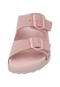 Light pink suede sandal with two adjustable straps and pink buckle closures. Open-toe design with a textured rubber sole.