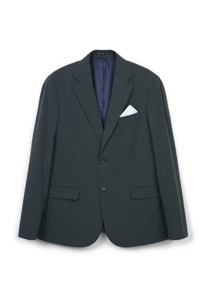 Giacca su misura verde scuro con rever a rondine, due tasche anteriori e un fazzoletto bianco nel taschino. Tessuto liscio e chiusura a un bottone.