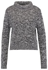Maglione lavorato a maglia con un colletto alto e ripiegato. Presenta un motivo a macchie bianche e nere. Maniche lunghe e una vestibilità cropped rilassata.