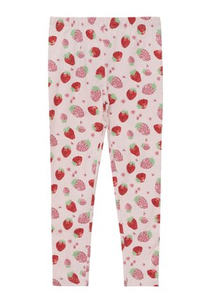 Rosa Leggings mit einem Muster aus roten und hellrosa Erdbeeren sowie kleinen pinkfarbenen Blumen.