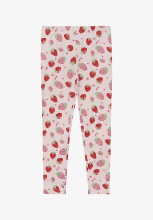 Pink leggings with a pattern of red and light pink strawberries and small pink flowers.