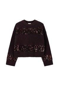 Dunkelviolett gestrickter Pullover mit breiten, horizontalen Paillettenstreifen. Kürzendes Design mit langen Ärmeln und einem runden Ausschnitt.