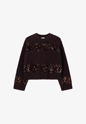 Pull en maille violet foncé avec de larges rayures horizontales en sequins. Design court avec des manches longues et un col rond.