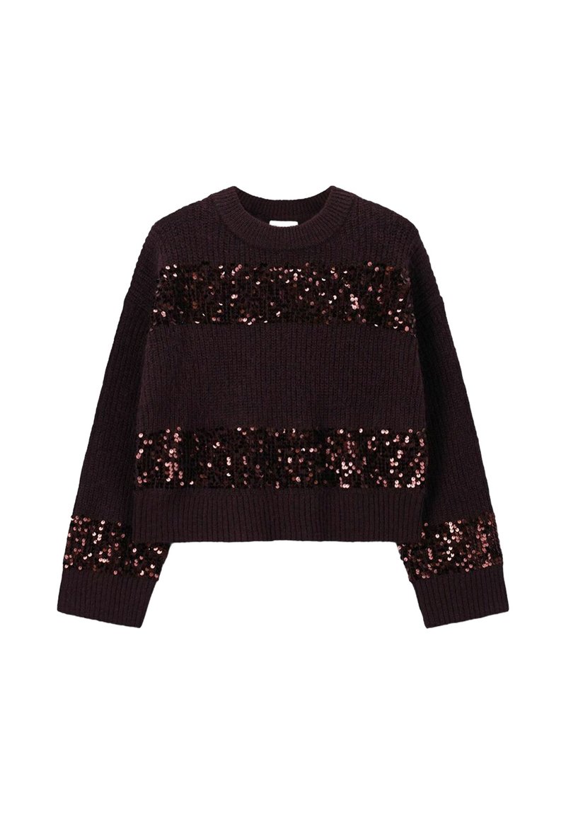 Dunkelviolett gestrickter Pullover mit breiten, horizontalen Paillettenstreifen. Kürzendes Design mit langen Ärmeln und einem runden Ausschnitt.