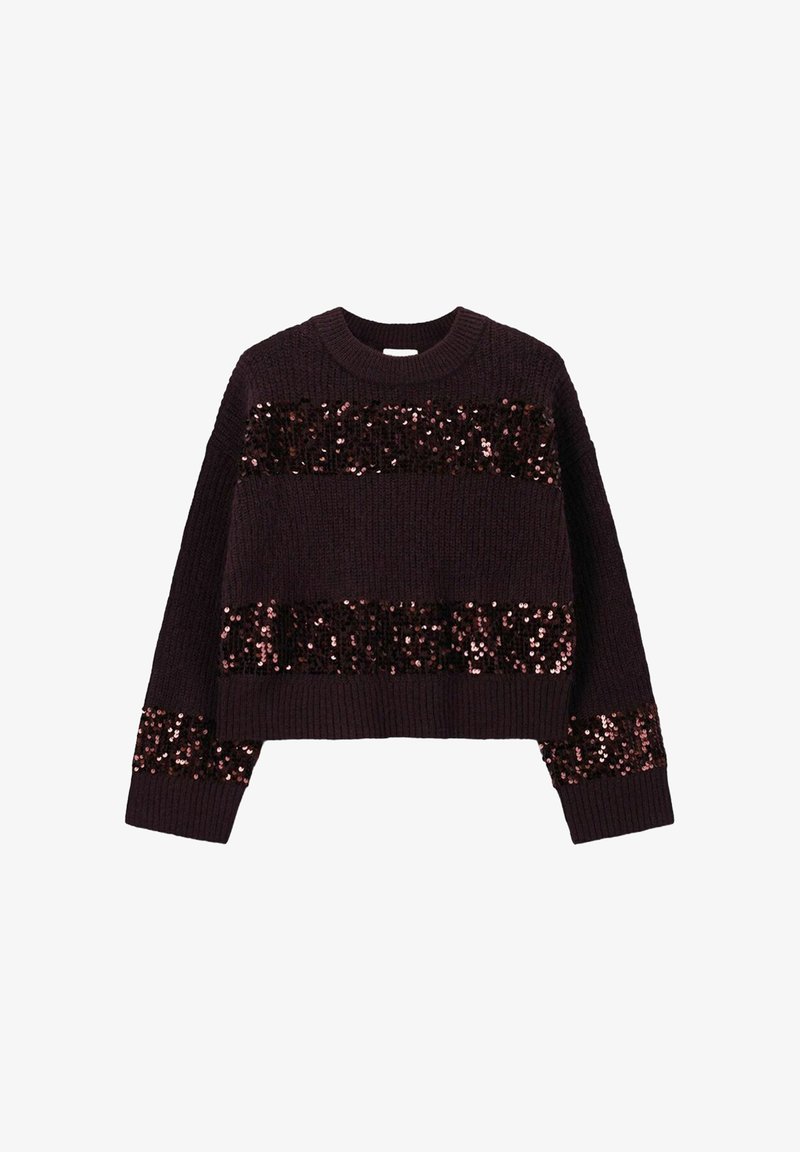 Dunkelviolett gestrickter Pullover mit breiten, horizontalen Paillettenstreifen. Kürzendes Design mit langen Ärmeln und einem runden Ausschnitt.