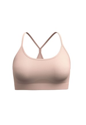 Pink seamless bra with thin straps, featuring a cross-back design, smooth texture, and a wide band under the bust for support.