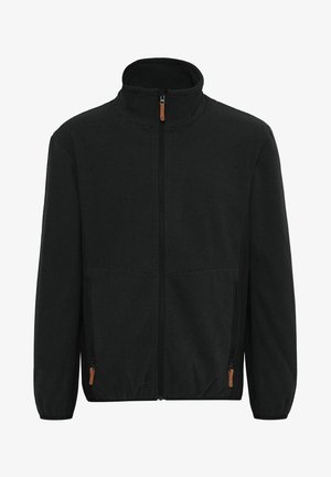 Jachetă black cu fermoar, realizată dintr-un material texturat, având un guler înalt și două buzunare laterale cu fermoare contrastante de culoare maro.