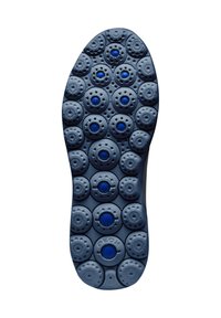 Sole della scarpa in gomma di colore blu scuro, con protuberanze circolari e accenti blu. Superficie texture con fori di ventilazione per la traspirabilità.