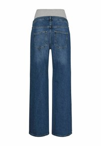 Wide-leg jeans with a dark blue denim finish, featuring a gray elastic waistband and two back pockets. Smooth texture with visible stitching.