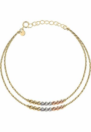 Gold-tone layered bracelet featuring twisted metal chains and three spherical beads in gold, silver, and rose gold with a lobster clasp.