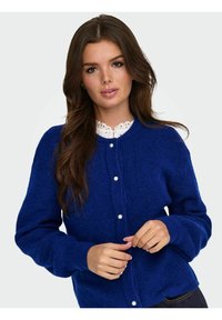 Modro pletena jopica z dolgimi rokavi, okrolim izrezom in gumbi iz biserov, s teksturirano površino in večplastnim belim čipkastim ovratnikom.