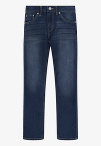 Jeans de mezclilla azul oscuro con un diseño de pierna recta, estilo de cinco bolsillos y cierre de botón clásico. Presentan un sutil desvanecimiento y acentos de costura.