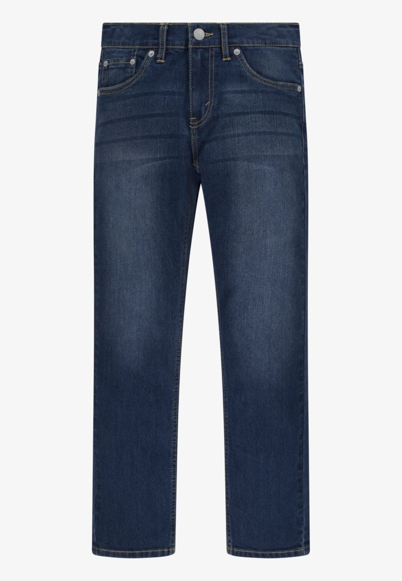 Jeans de mezclilla azul oscuro con un diseño de pierna recta, estilo de cinco bolsillos y cierre de botón clásico. Presentan un sutil desvanecimiento y acentos de costura.