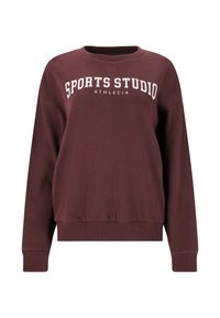 Burgunderfarbenes Sweatshirt mit Rundhalsausschnitt, gerippten Bündchen und Saum. Auf der Vorderseite sorgt der weiße Aufdruck "SPORTS STUDIO ATHLECIA" für einen Blickfang. Glatte Textur.