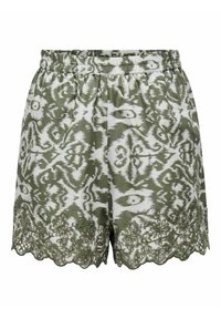 Shorts verdi e bianchi con una fantasia, realizzati in tessuto morbido, dotati di una vita elastica e di un bordo in pizzo scallopato.