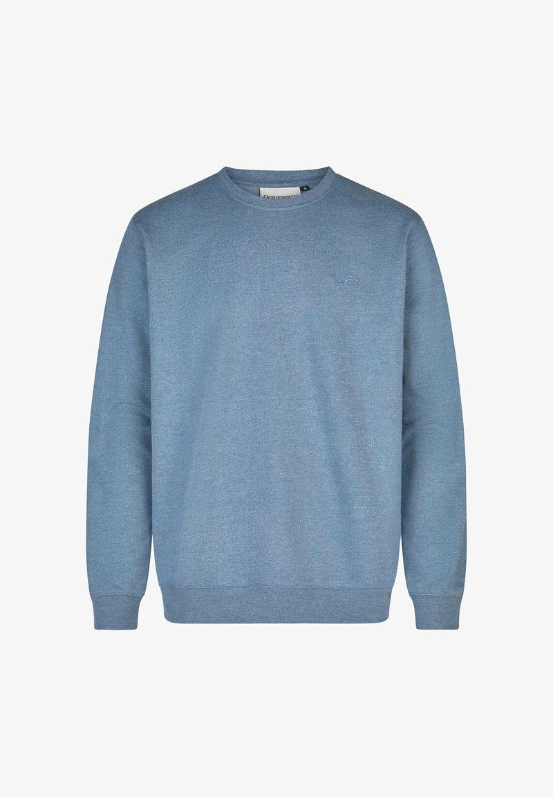 Light blue crewneck sweatshirt with long sleeves, featuring a small logo on the chest. Simple, casual design suitable for various occasions.