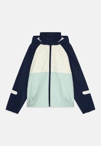 Veste à blocs de couleur bleu marine, crème et menthe. Équipée d'une fermeture éclair à l'avant, d'une capuche, de poignets élastiques et de deux poches avant. Tissu lisse.