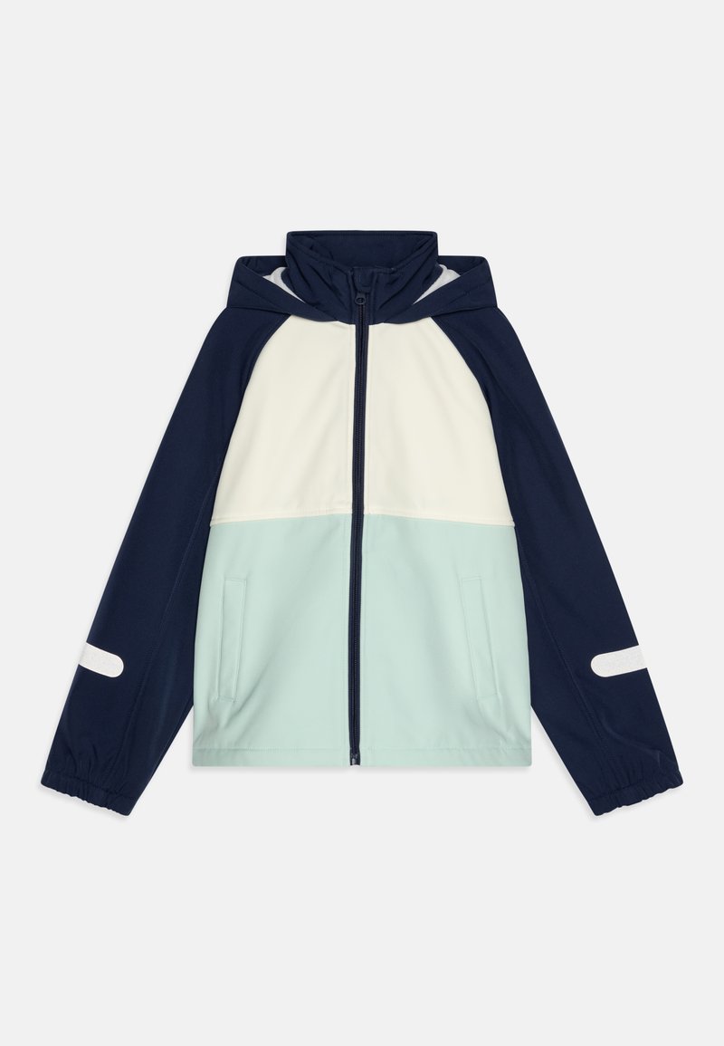 Veste à blocs de couleur bleu marine, crème et menthe. Équipée d'une fermeture éclair à l'avant, d'une capuche, de poignets élastiques et de deux poches avant. Tissu lisse.