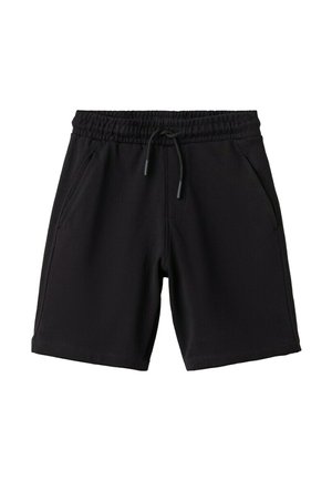 Shorts décontractés noirs avec taille élastique et cordon de serrage, dotés de poches latérales et d'une coupe arrivant aux genoux.