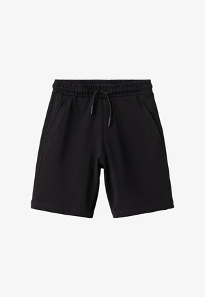 Schwarze Freizeit-Shorts mit elastischem Bund und Kordelzug, ausgestattet mit Seitentaschen und knielangem Schnitt.