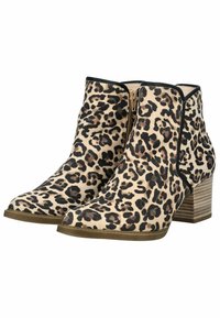 Botas de tobillo con estampado de leopardo, de suave textura de ante, punta redonda y tacón de bloque apilado. Presentan un cierre con cremallera y un ribete negro en contraste.