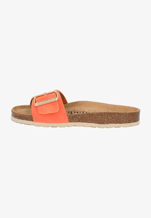 Orange slip-on sandal with a wide strap, rectangular metallic buckle, and a textured cork footbed. Light rubber sole for traction.