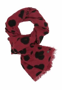 Écharpe bordeaux en tissu léger, dotée de grandes taches noires, de bords fringés et d'un petit accent métallique.