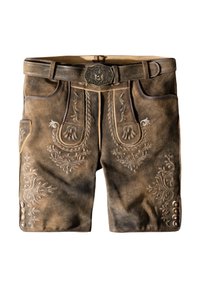 Brown leather shorts featuring intricate light embroidery, a belt with a decorative buckle, and button accents on the sides.