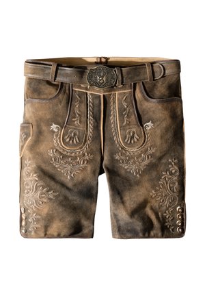 Braune Lederhosen mit filigraner heller Stickerei, einem Gürtel mit einer dekorativen Schnalle und Knopfakzenten an den Seiten.