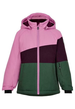 Veste colorée avec une partie supérieure rose, un milieu violet foncé et une partie inférieure verte. Elle possède une capuche, une fermeture éclair à l'avant et des poignets élastiques.