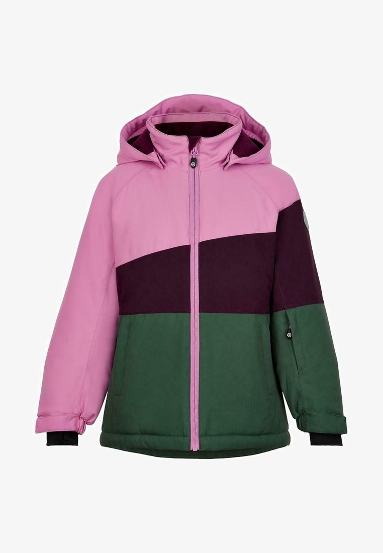 Farbblockierte Jacke mit einem rosa oberen Teil, einem dunkelpurpurnen Mittelteil und einem grünen Unterteil. Verfügt über eine Kapuze, einen Reißverschluss vorne und elastische Bündchen.