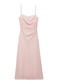 Růžové kostkované šaty s tenkými ramínky, nařaseným živůtkem a splývavou sukní. Lehce se vznášející tkanina s jemnou strukturou.
