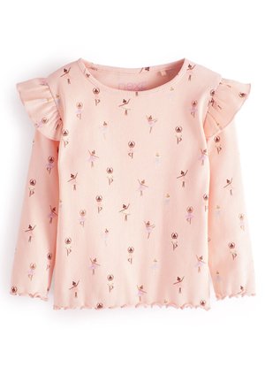 T-shirt à manches longues côtelé rose clair avec des détails à volants sur les épaules et de petites imprimés de danseuses ballerines partout.