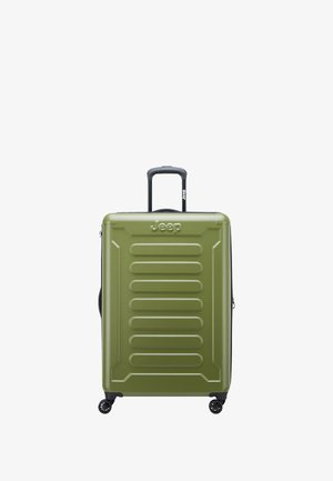 Grüner Hartschalen-Koffer mit strukturierten Oberflächen, genoppetem Design, einem oberen, ausziehbaren Griff und vier schwenkbaren Rädern für Mobilität.