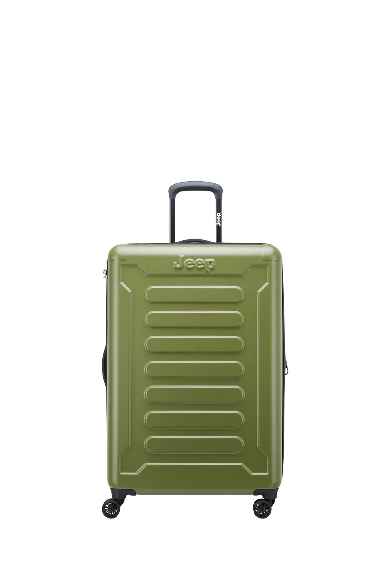 Maleta dura verde con una superficie texturizada, diseño acanalado, asa retráctil en la parte superior y cuatro ruedas giratorias para una mejor movilidad.