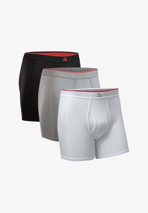 Tres pares de calzoncillos tipo bóxer en negro, gris y blanco. Cada uno presenta una cinturilla roja en contraste con un logo y un diseño ajustado.