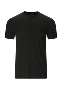 Czarna koszulka z okrągłym dekoltem, wykonana z miękkiego, lekkiego materiału. Krótkie rękawy, prosty dół, minimalne detale przeszyć. Gładki kolor, bez wzorów.