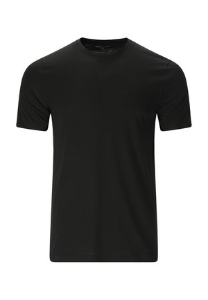 T-shirt noir à col rond fabriqué en tissu doux et léger. Manches courtes, ourlet droit, détails de couture minimaux. Couleur unie sans motifs.