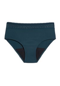 Braghette in cotone teal con pizzo in vita; presenta una texture liscia e due pannelli laterali in rete nera per una maggiore traspirabilità.