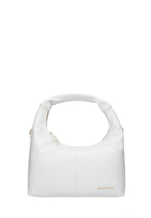 Borsa a tracolla in pelle bianca con superficie texturizzata, manico curvato e accento in oro con il logo. Dotata di chiusura con zip per maggiore sicurezza.