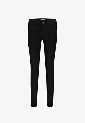 Sorte skinny jeans lavet af denim, med et klassisk design med fem lommer, bæltestropper og frontknaplukning. Glat tekstur.