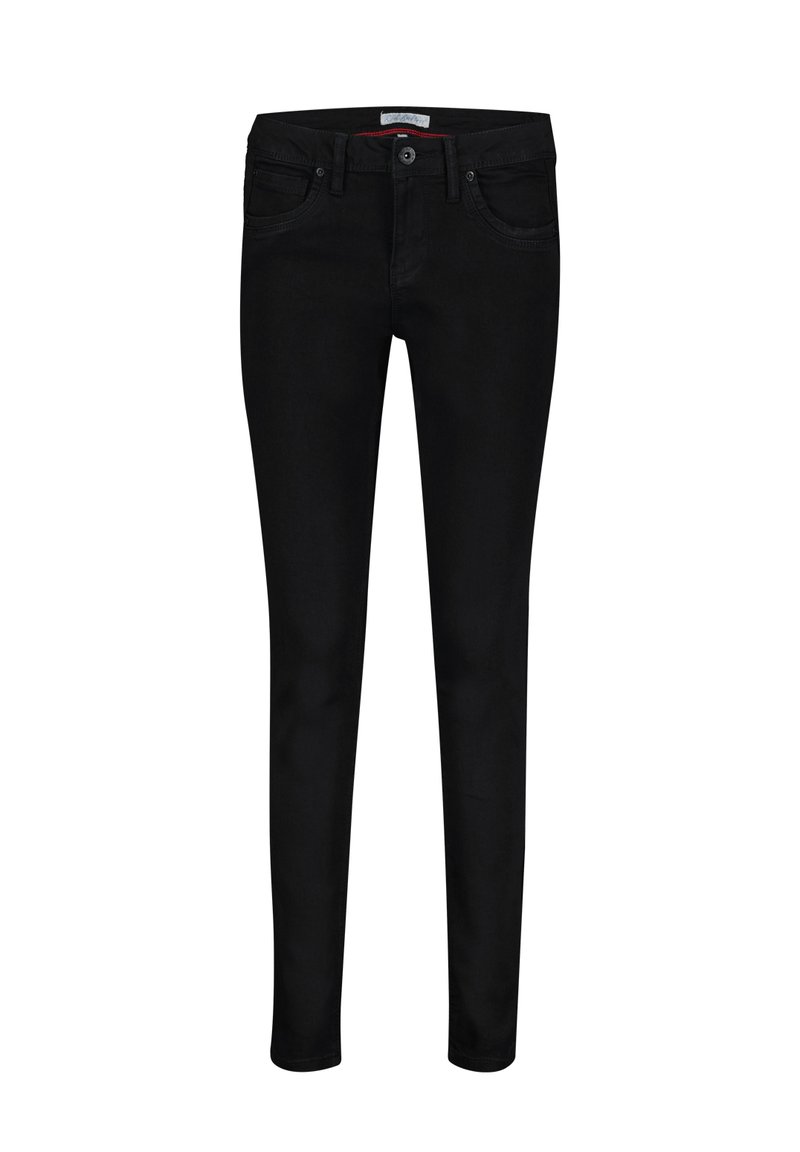 Sorte skinny jeans lavet af denim, med et klassisk design med fem lommer, bæltestropper og frontknaplukning. Glat tekstur.