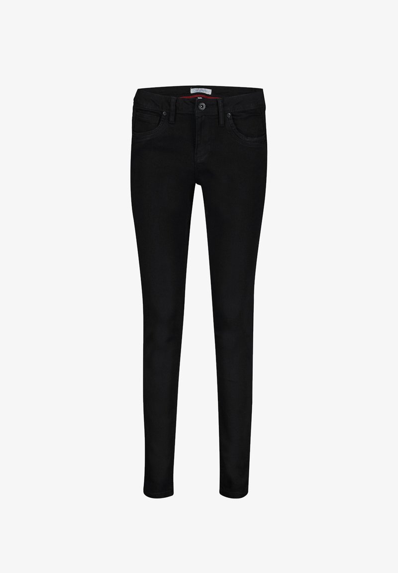 Sorte skinny jeans lavet af denim, med et klassisk design med fem lommer, bæltestropper og frontknaplukning. Glat tekstur.