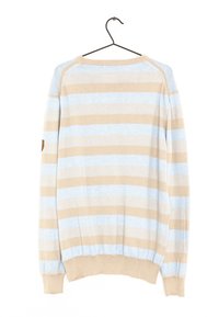 Pull rayé beige et bleu clair avec des manches longues, des poignets et un ourlet côtelés, une texture douce, et une étiquette sur l'épaule droite.
